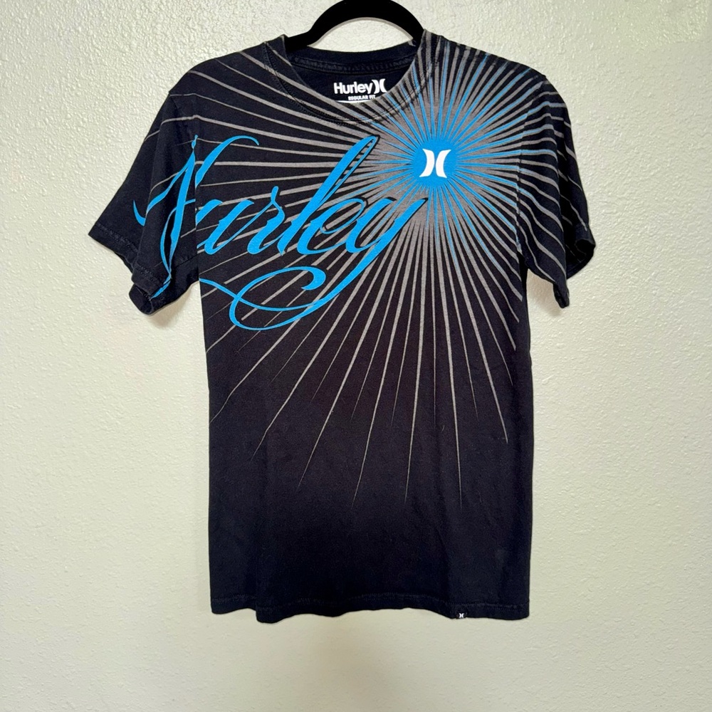 Hurley Black Graphic Logo Tee with Blue Accents